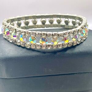 Rhinestone Silver Tone Stretch Bracelet with Clear and Aurora Borealis Crystals